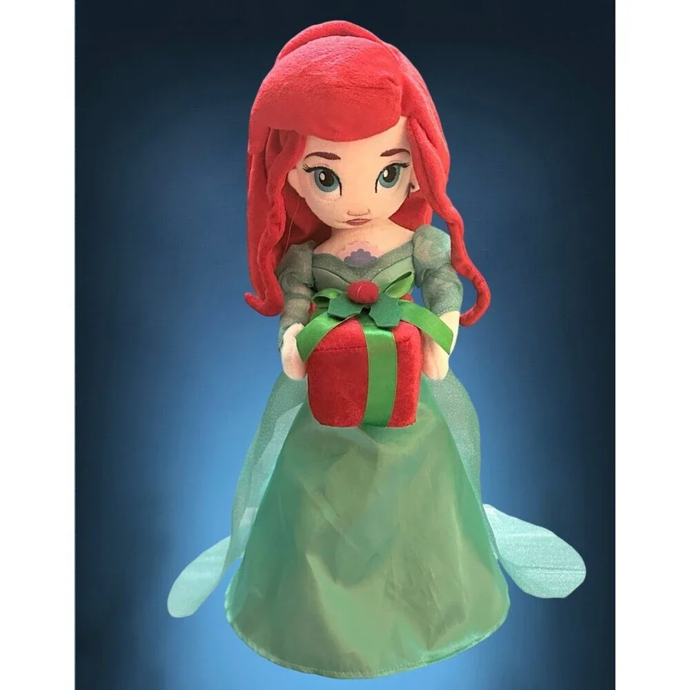 Disney  Ariel Plush Doll with Red Hair & Green Dress Holding Red Gift